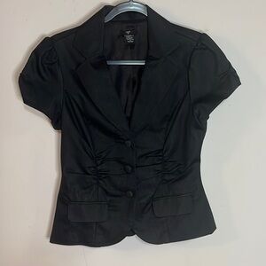 Stoosh Vintage Y2K Black Puff Sleeve Ruched Blazer Jacket Black Chambray Blouse